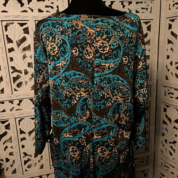 ELEMENTZ EXCELLENT TURQUOISE BLUE & TAN/BROWN SWIRL DESIGN MID SLEEVE MIDI DRESS - Picture 7 of 10